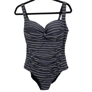 BOND EYE Australia Navy & White Striped One-Piece Swimsuit Ruched Front & Built-